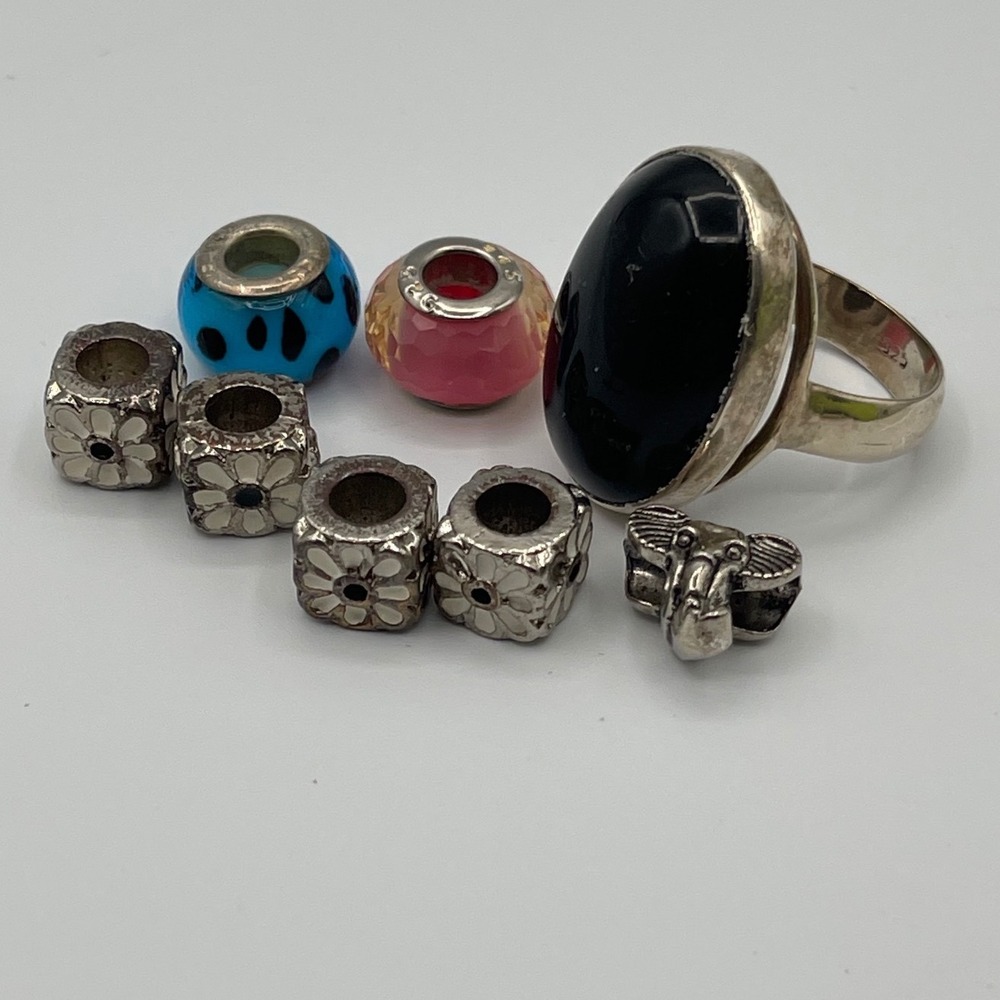 Sterling Silver Black Onyx Ring & Mixed Charm Bead Lot 8pc Floral Elephant 925